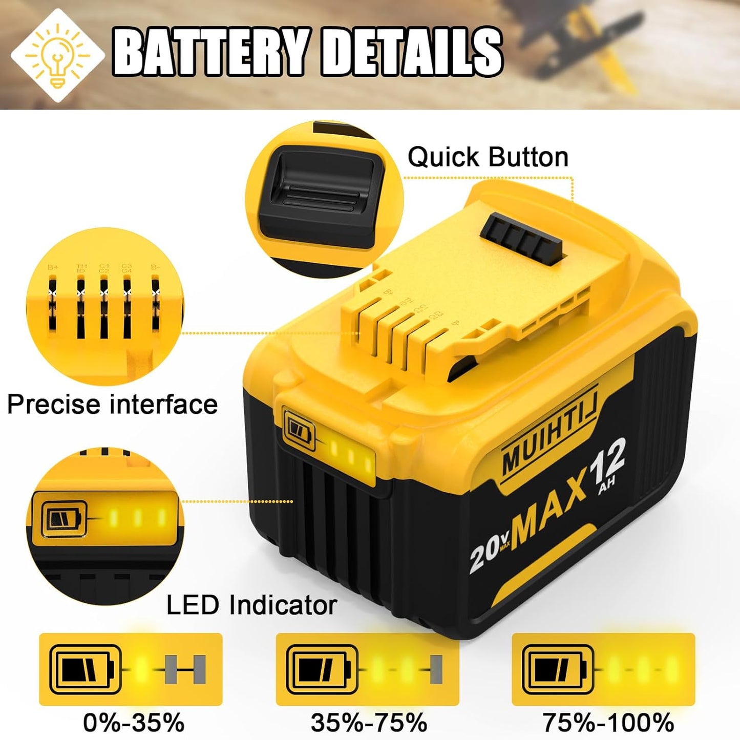 FEOTDN 2 Packs 20V 12Ah Battery Replacement for Dewalt 20V Max Battery, Compatible with 20 Volt Dewalt Batteries Cordless Power Tools with LED Indicator