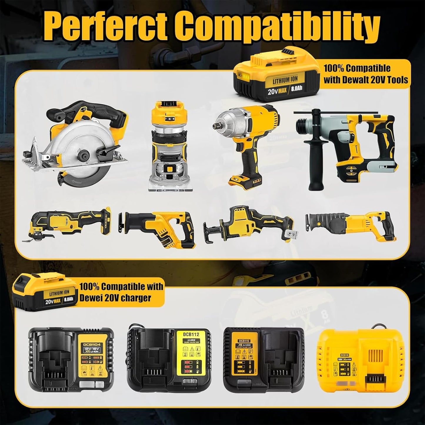 Replacement for Dewalt 20V Max Battery: 8.0Ah Lithium Batteries Compatible with Dewalt Battery DCB208 DCB200 DCB206 DCB204 DCB203 Cordless Power Tools (4 Packs)